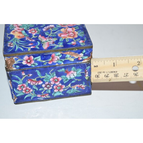 Vtg Chinese Enamel Brass Trinket Box Damaged Blue floral flaws - Picture 9 of 15